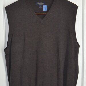 Brooks Brothers Mens V-Neck Sweater Vest, 100% SaXon Wool, Brown, XXL
